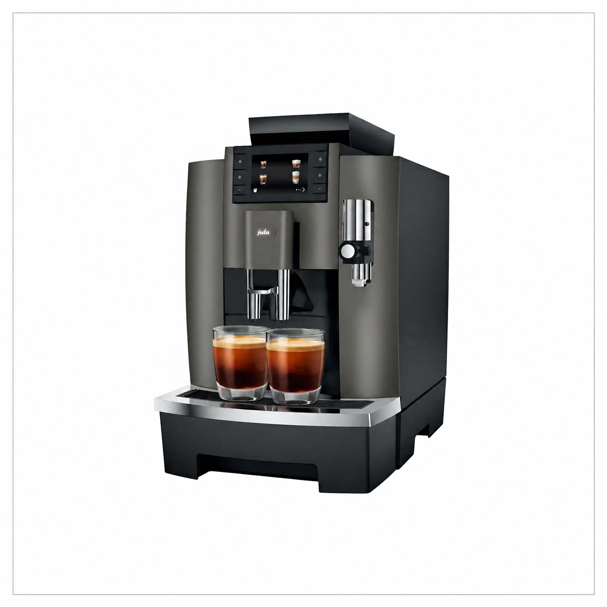 A dark gray and black espresso machine with two glasses of espresso on its drip tray, set against a plain white background.