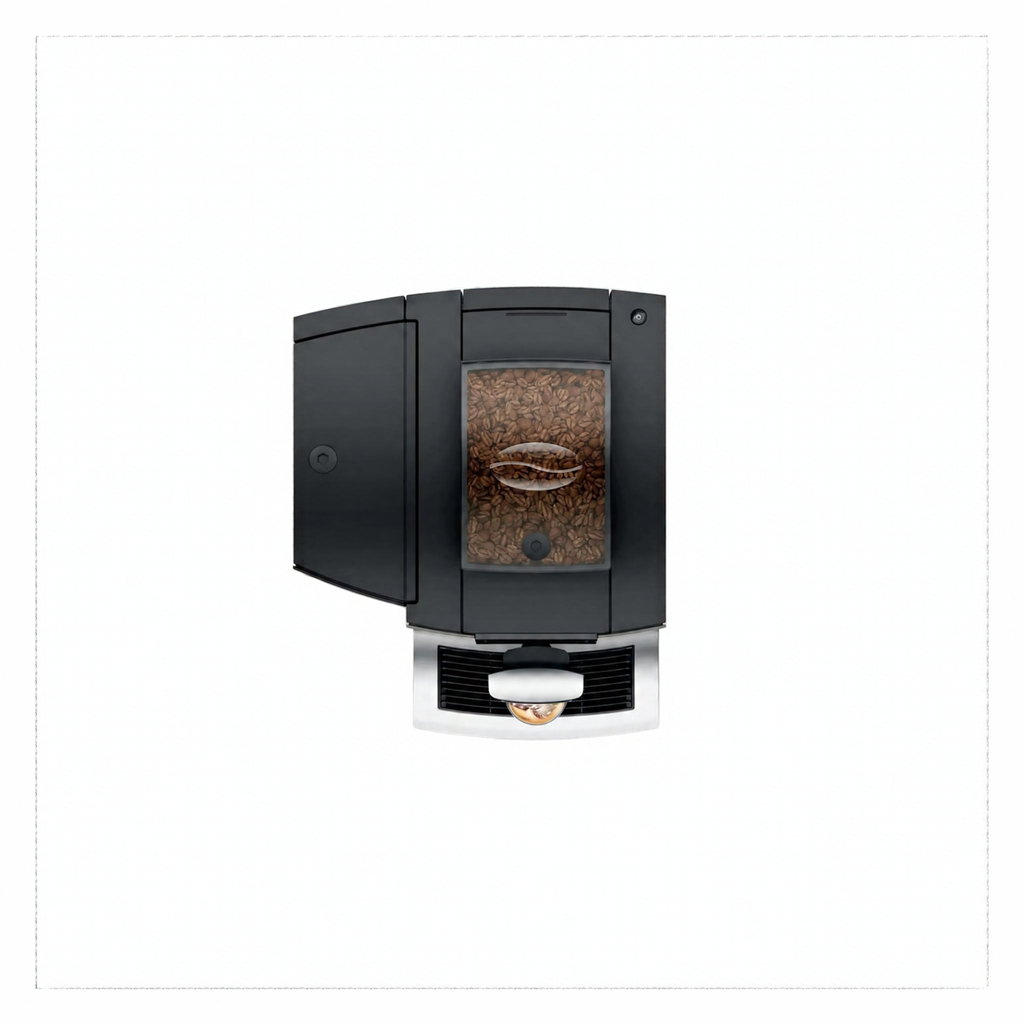 A sleek black coffee machine with a transparent window showing roasted coffee beans inside, set against a plain white background.