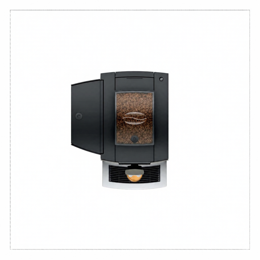 A top-down view of a black coffee maker with a transparent window showing roasted coffee beans inside, and a small cup of coffee at the base, centered on a white background.