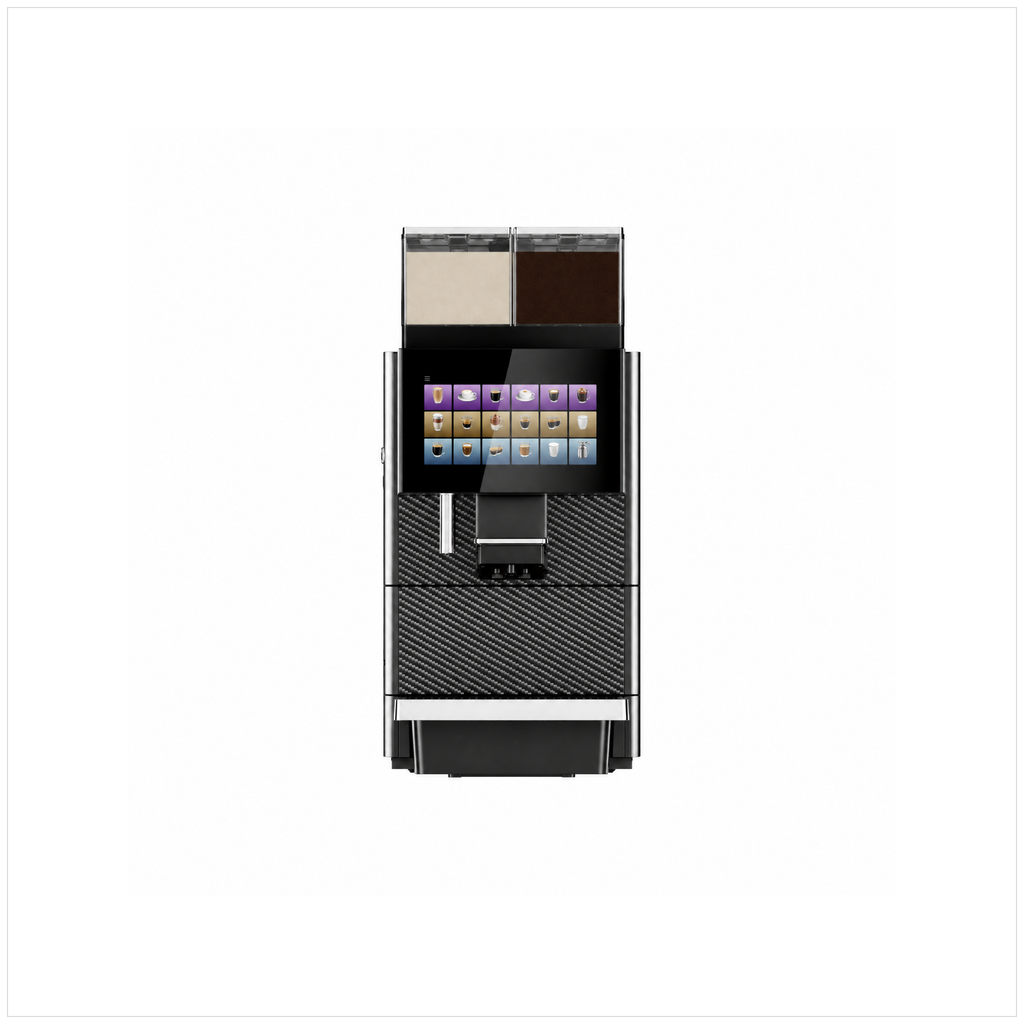 Dr Coffee T200 coffee machine, front view showing ingredient containers, touchscreen and textured front panels.
