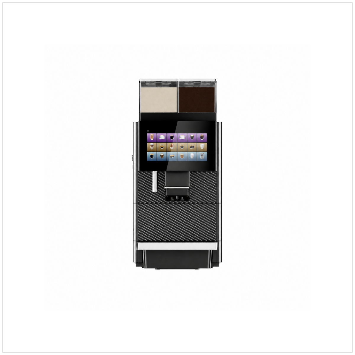 Dr Coffee T200 coffee machine, front view showing ingredient containers, touchscreen and textured front panels.

