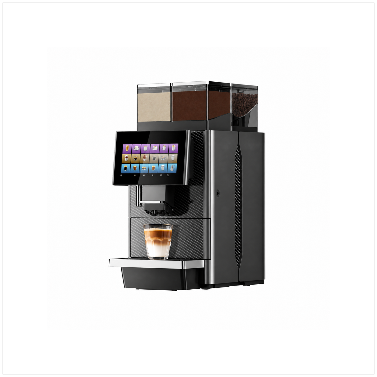 Dr Coffee T200 coffee machine, angled front view with bean hopper, ingredient containers and a latte on the drip tray.
