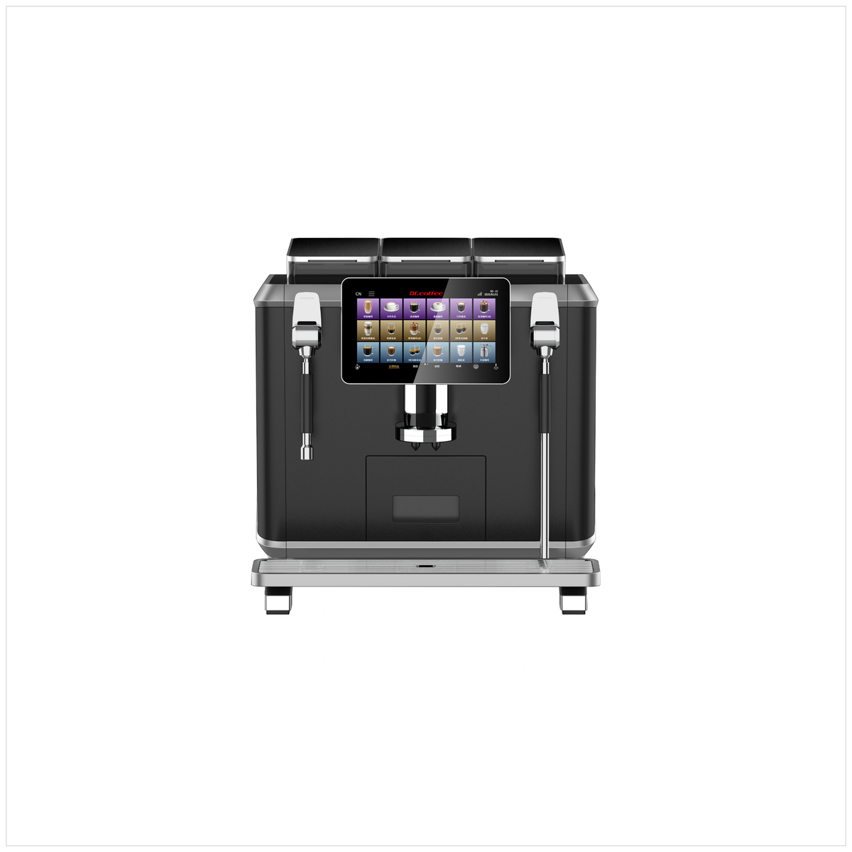 Dr Coffee Castle coffee machine, front view showing the touchscreen, central dispensing spout and wide drip tray.
